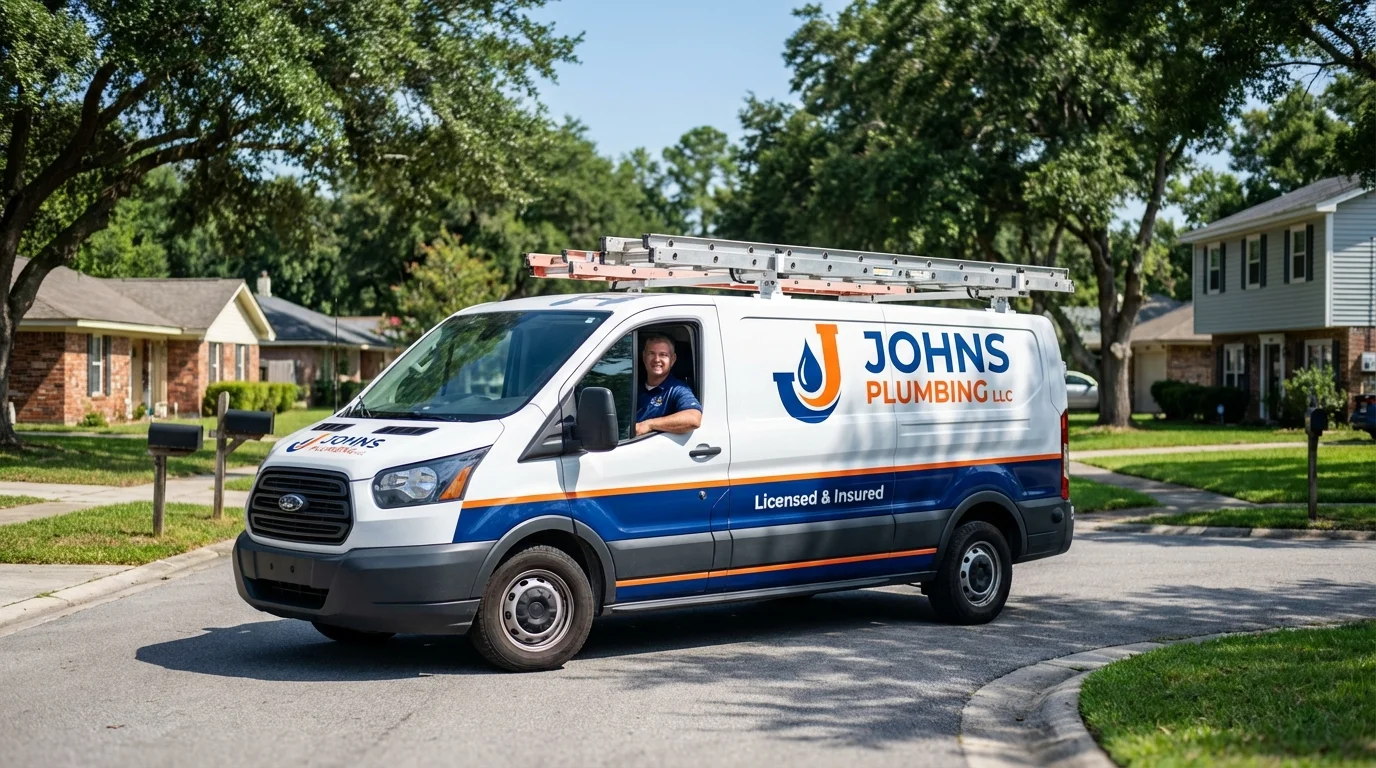 Johns Plumbing LLC service van in Monmouth, ME