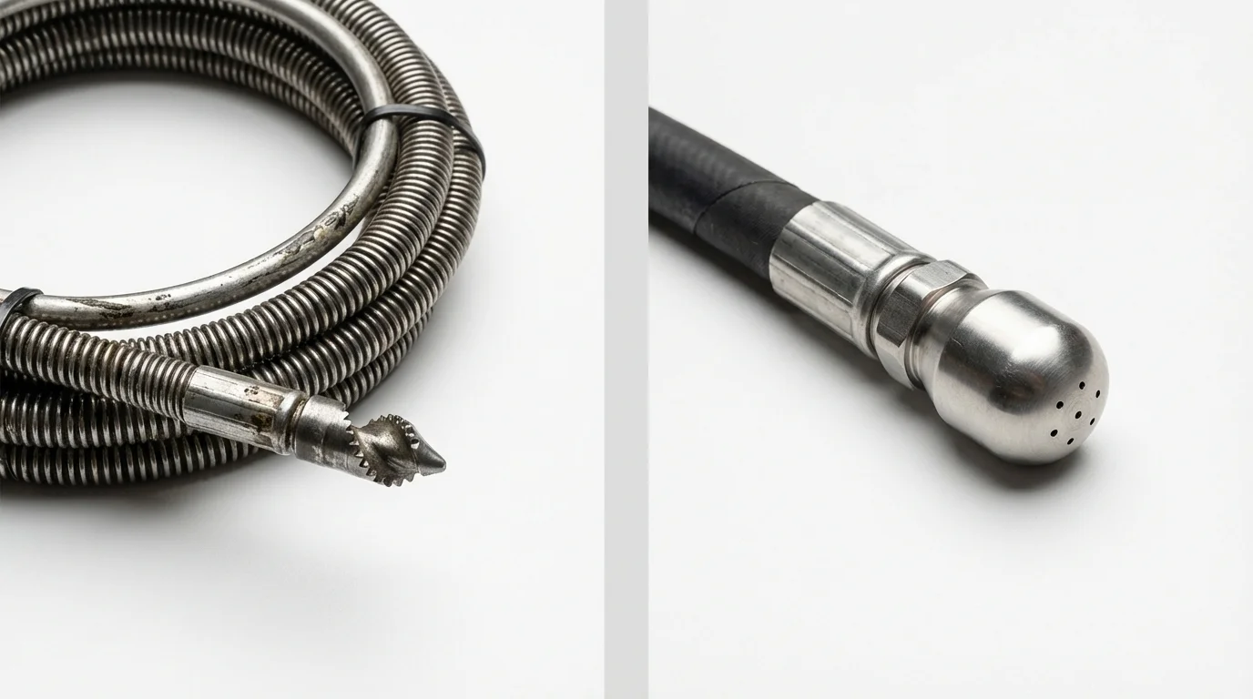 Drain snake cable and hydro jetting nozzle used for drain cleaning in Monmouth, ME