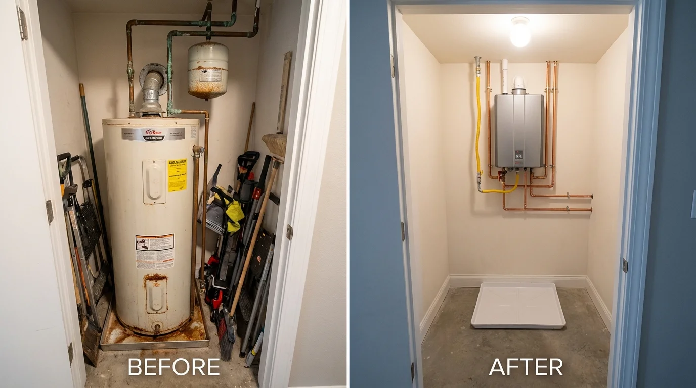 Tank water heater versus wall-mounted tankless unit comparison for Monmouth, ME homeowners