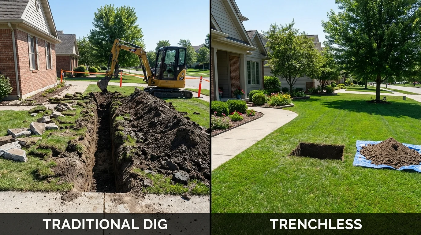 Trenchless sewer repair with minimal yard damage versus traditional excavation in Monmouth, ME