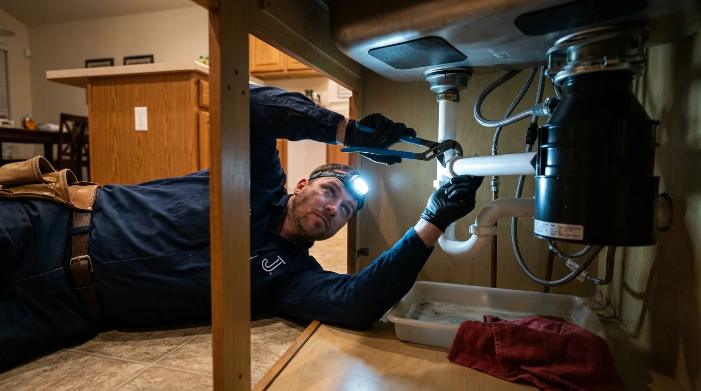 P-trap and supply line connections under a kitchen sink showing a common leak point in Monmouth, ME